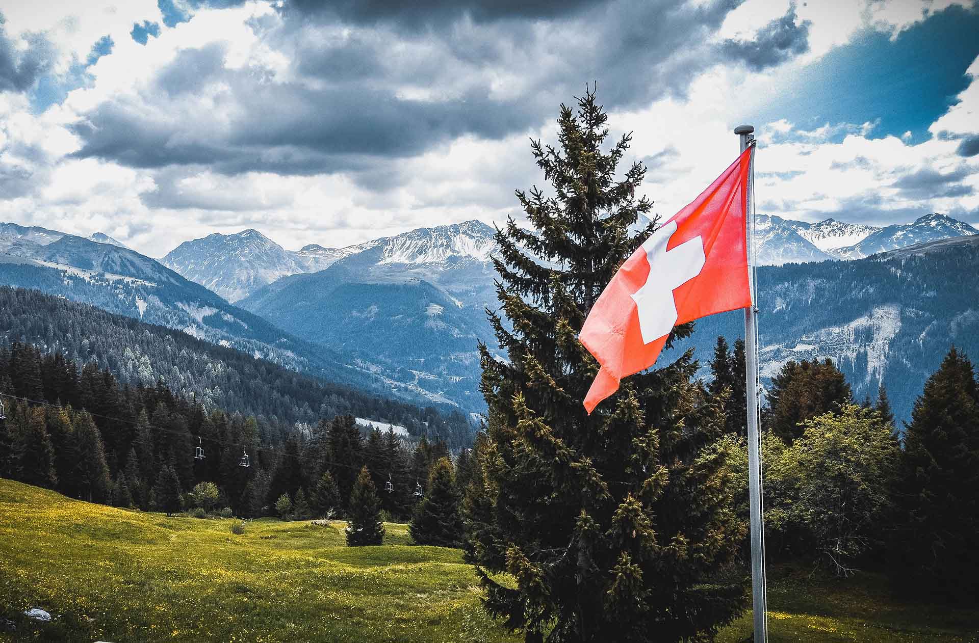 Flag of Switzerland with trees and mountains in the distance