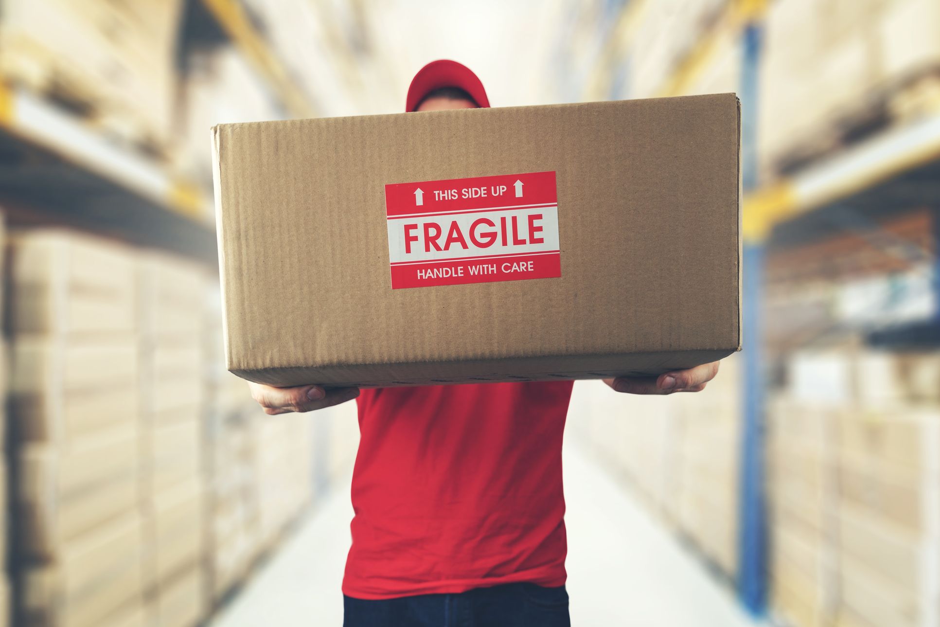 Guy holding a box labeled as fragile