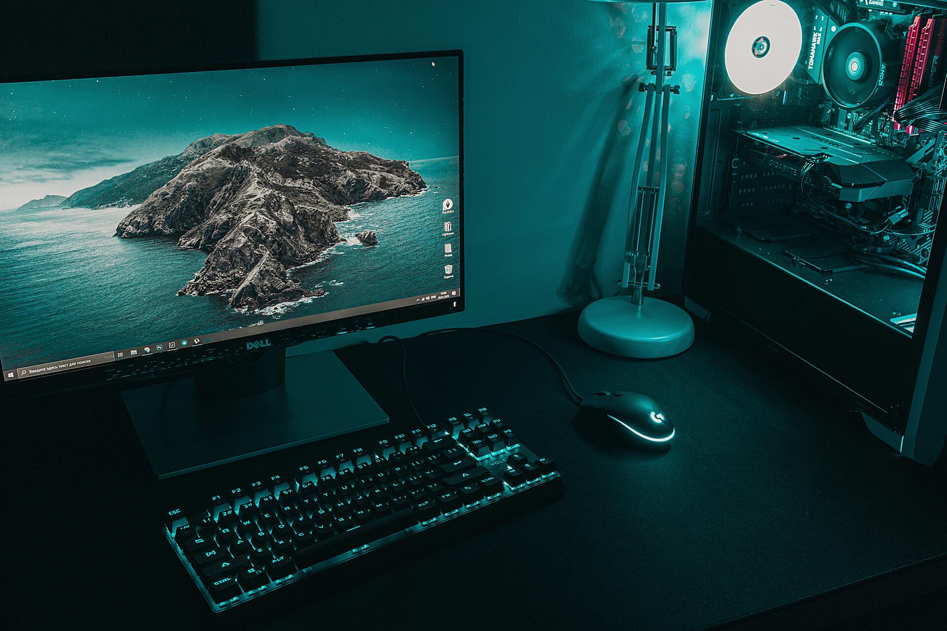 Desktop computer with blue lights