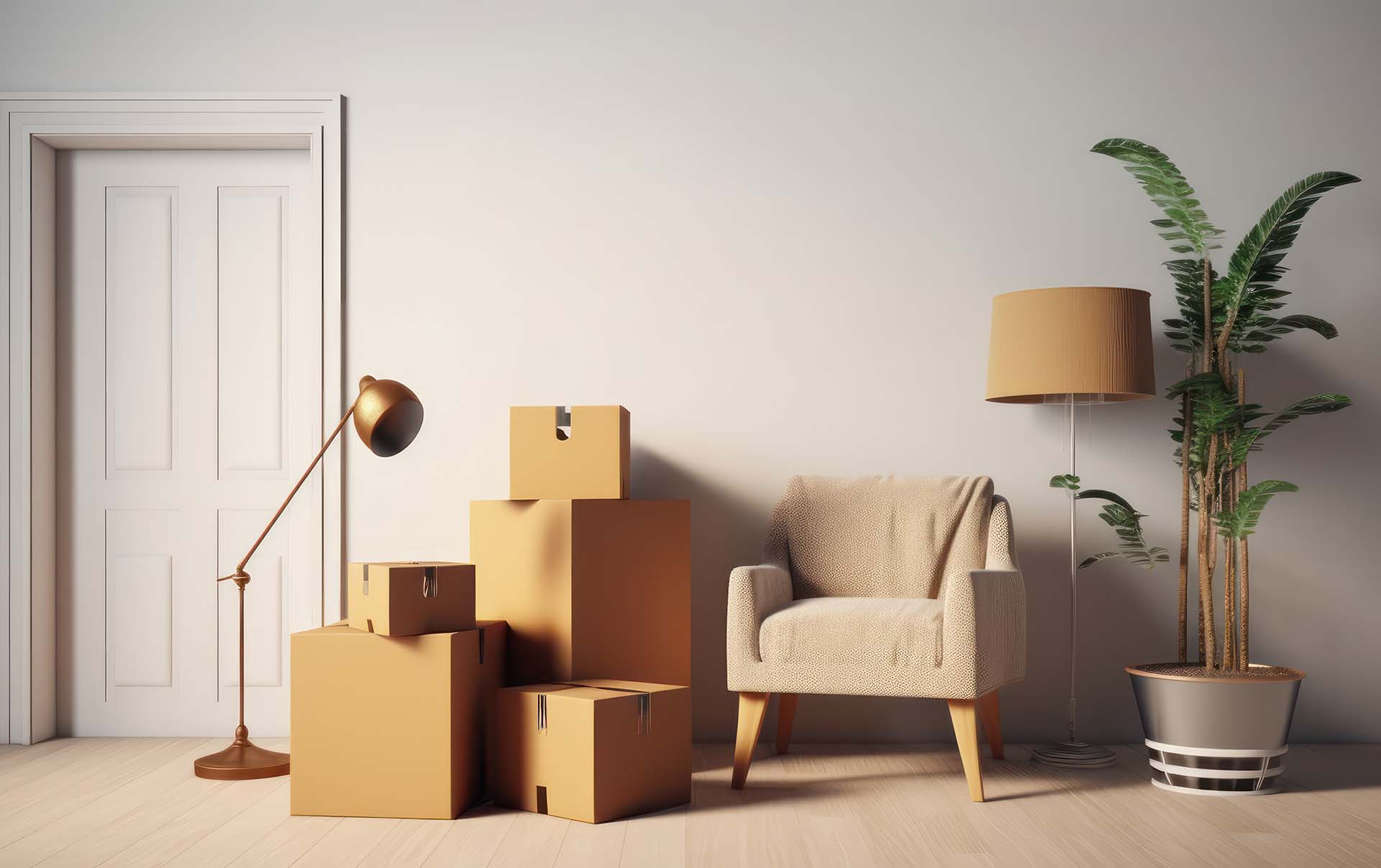 Relocation,Furniture in boxes.Moving to new house service or concept for buying furniture delivery.3d rendering