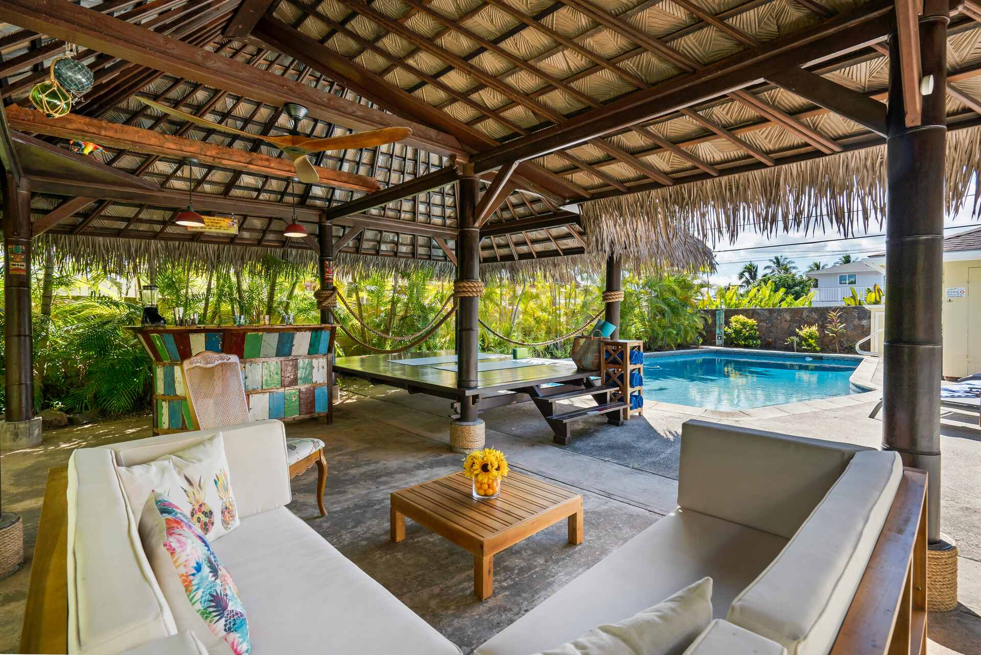 Patio with pool and lot of shade